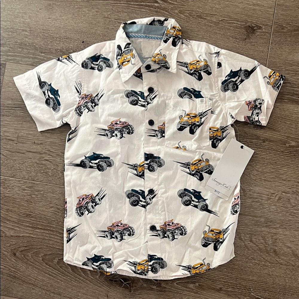 Boys Sovereign Code White Short-Sleeve Button-Up Shirt with Car Print